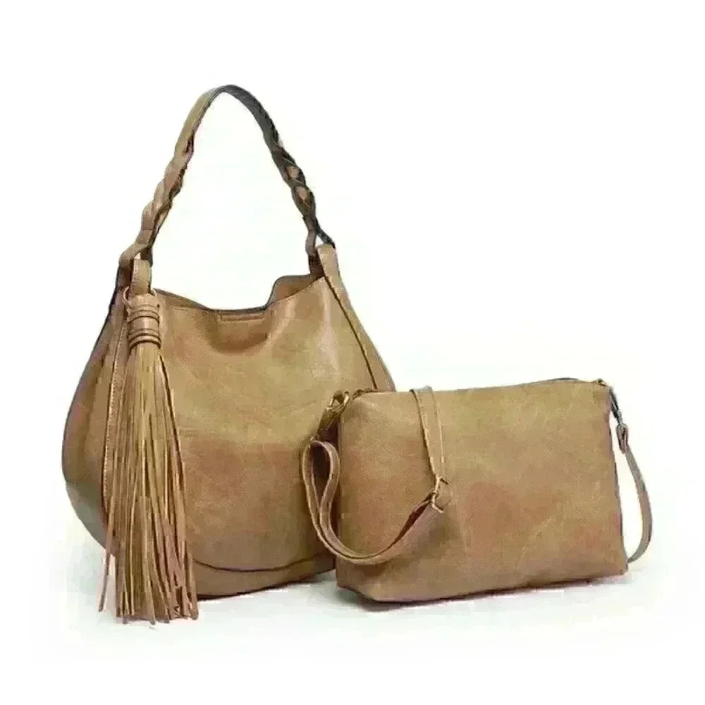 Taupe Hobo‎ Side Tassel Vegan Leather Crossbody Handbag with Inner Bag